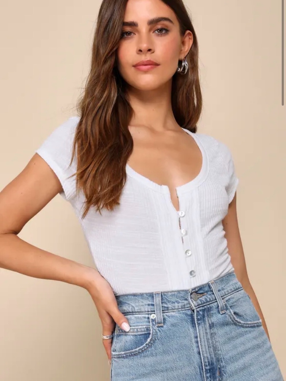 Lulu's White Ribbed Short Sleeve Button-Up Crop Top
